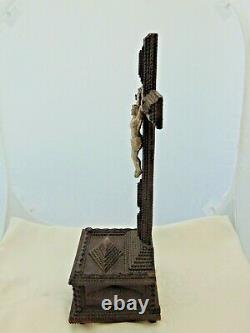 Large Antique French Tramp Art Crucifix Carved Wood Folk Art Jesus Cross