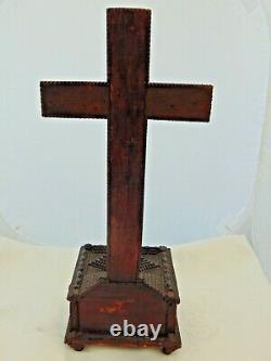 Large Antique French Tramp Art Crucifix Carved Wood Folk Art Jesus Cross