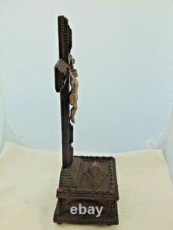 Large Antique French Tramp Art Crucifix Carved Wood Folk Art Jesus Cross