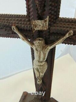 Large Antique French Tramp Art Crucifix Carved Wood Folk Art Jesus Cross