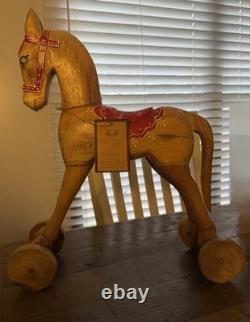 Large Antique Wood Horse Hand Carved 16 Tall Red Saddle & Reins Folk Art Decor