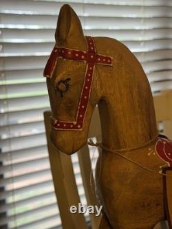 Large Antique Wood Horse Hand Carved 16 Tall Red Saddle & Reins Folk Art Decor