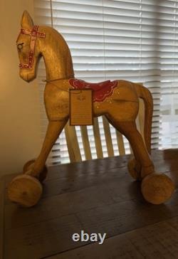 Large Antique Wood Horse Hand Carved 16 Tall Red Saddle & Reins Folk Art Decor