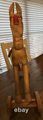 Large Antique Wood Horse Hand Carved 16 Tall Red Saddle & Reins Folk Art Decor
