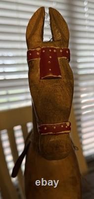 Large Antique Wood Horse Hand Carved 16 Tall Red Saddle & Reins Folk Art Decor