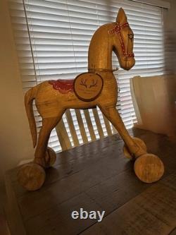 Large Antique Wood Horse Hand Carved 16 Tall Red Saddle & Reins Folk Art Decor