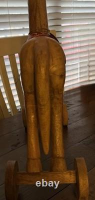 Large Antique Wood Horse Hand Carved 16 Tall Red Saddle & Reins Folk Art Decor