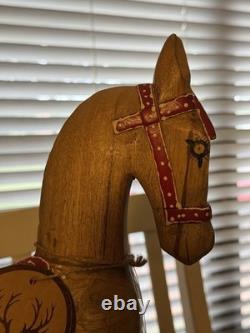 Large Antique Wood Horse Hand Carved 16 Tall Red Saddle & Reins Folk Art Decor