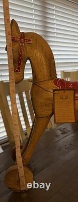 Large Antique Wood Horse Hand Carved 16 Tall Red Saddle & Reins Folk Art Decor