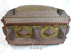 Large, Early Tramp Art CHIP CARVED SEWING BOX Folk Art ROPE TRIM Pin Cushion Top