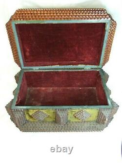 Large, Early Tramp Art CHIP CARVED SEWING BOX Folk Art ROPE TRIM Pin Cushion Top