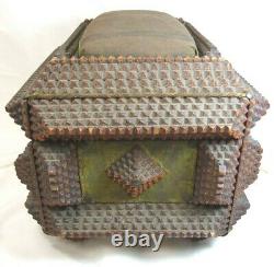 Large, Early Tramp Art CHIP CARVED SEWING BOX Folk Art ROPE TRIM Pin Cushion Top