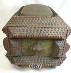 Large, Early Tramp Art CHIP CARVED SEWING BOX Folk Art ROPE TRIM Pin Cushion Top