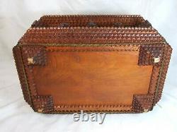 Large, Early Tramp Art CHIP CARVED SEWING BOX Folk Art ROPE TRIM Pin Cushion Top