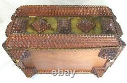 Large, Early Tramp Art CHIP CARVED SEWING BOX Folk Art ROPE TRIM Pin Cushion Top