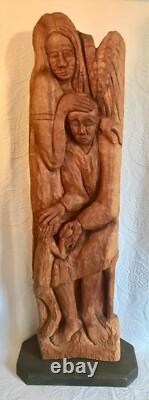 Large & Exceptional Folk Art/Naive Wood Carving of Man, Woman & Child 59 in. H