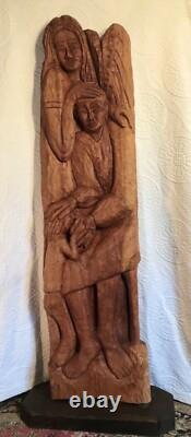 Large & Exceptional Folk Art/Naive Wood Carving of Man, Woman & Child 59 in. H