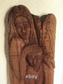 Large & Exceptional Folk Art/Naive Wood Carving of Man, Woman & Child 59 in. H