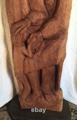 Large & Exceptional Folk Art/Naive Wood Carving of Man, Woman & Child 59 in. H