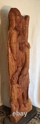 Large & Exceptional Folk Art/Naive Wood Carving of Man, Woman & Child 59 in. H