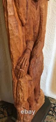 Large & Exceptional Folk Art/Naive Wood Carving of Man, Woman & Child 59 in. H