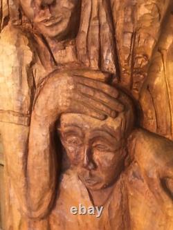 Large & Exceptional Folk Art/Naive Wood Carving of Man, Woman & Child 59 in. H
