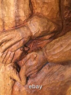 Large & Exceptional Folk Art/Naive Wood Carving of Man, Woman & Child 59 in. H