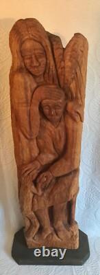Large & Exceptional Folk Art/Naive Wood Carving of Man, Woman & Child 59 in. H