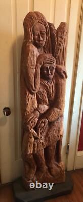 Large & Exceptional Folk Art/Naive Wood Carving of Man, Woman & Child 59 in. H