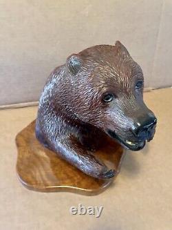 Large Folk Art Carved Wood Brown Bear on Burl