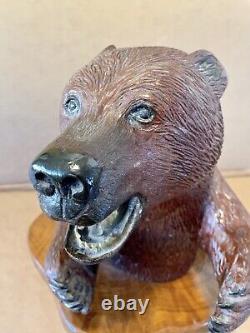 Large Folk Art Carved Wood Brown Bear on Burl
