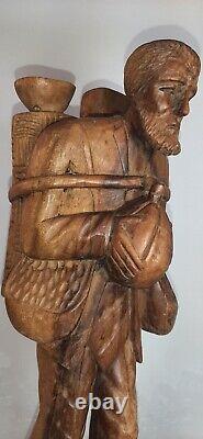 Large Folk Art Figural Carving Barefoot Weary Traveler