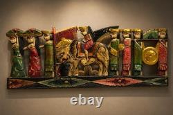 Large Hand Carved Painted Wood Elephant Procession Relief Panel Folk Art Wall