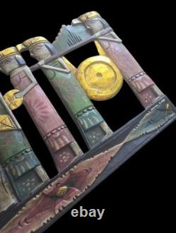 Large Hand Carved Painted Wood Elephant Procession Relief Panel Folk Art Wall