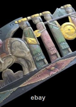 Large Hand Carved Painted Wood Elephant Procession Relief Panel Folk Art Wall