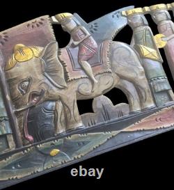 Large Hand Carved Painted Wood Elephant Procession Relief Panel Folk Art Wall