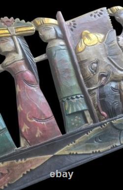 Large Hand Carved Painted Wood Elephant Procession Relief Panel Folk Art Wall