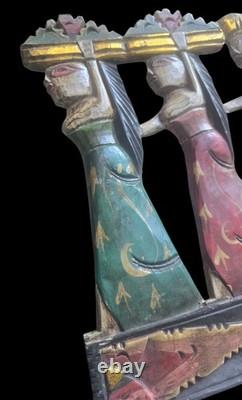 Large Hand Carved Painted Wood Elephant Procession Relief Panel Folk Art Wall