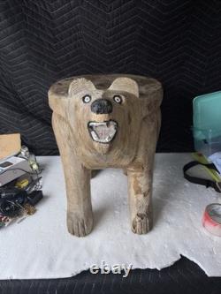 Large Hand Carved Solid Wood Bear Stool Rustic Cabin Lodge Folk Art 17 35lb
