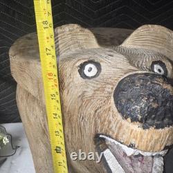 Large Hand Carved Solid Wood Bear Stool Rustic Cabin Lodge Folk Art 17 35lb