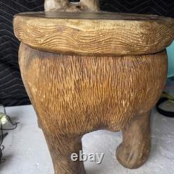 Large Hand Carved Solid Wood Bear Stool Rustic Cabin Lodge Folk Art 17 35lb