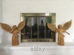 Large Pair Of Carved Wood Angel Statues with Wings Spread Vintage Folk Art W 24