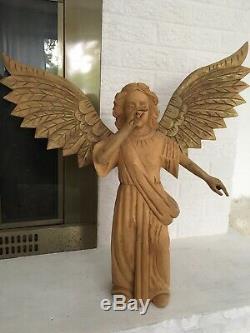 Large Pair Of Carved Wood Angel Statues with Wings Spread Vintage Folk Art W 24