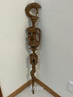 Large Unique Hand Carved Folk Art Puzzle Rattle Cane Walking Stick Some Damage