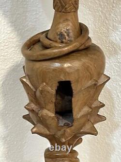 Large Unique Hand Carved Folk Art Puzzle Rattle Cane Walking Stick Some Damage