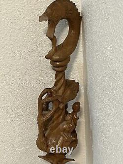 Large Unique Hand Carved Folk Art Puzzle Rattle Cane Walking Stick Some Damage