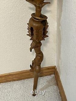 Large Unique Hand Carved Folk Art Puzzle Rattle Cane Walking Stick Some Damage