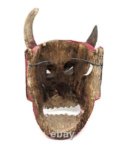 Large Vintage Carved Wood Folk Art Hand Made & Painted Devil Horned Figure Mask