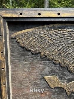 Large Vintage Carved Wood Folk Art Patriotic American Eagle & Flag Sign Display