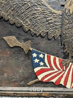 Large Vintage Carved Wood Folk Art Patriotic American Eagle & Flag Sign Display